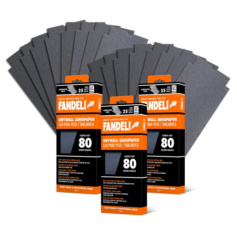 Fandeli | Multi-Purpose Sanding Paper | Grit 80 | 75 Sheets of 4-1/4 in.x 11 in | Perfect for Sanding Drywall | Hand Sanding | Orbital Sanders | Sandpaper Sheets | Sandpaper Grit. - Image 1